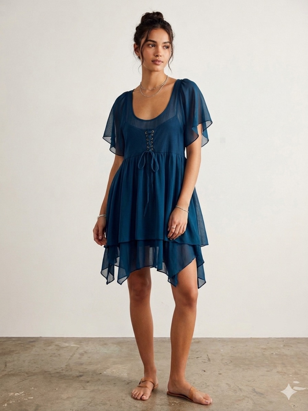 Free People Vintage Sheer Babydoll Tunic Top Teal Blue Alex Russo Wizards XS/S